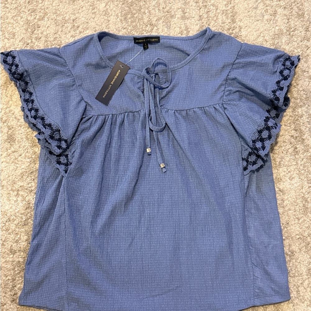 Adrienne Vittadini Blue Blouse with Lace Sleeves